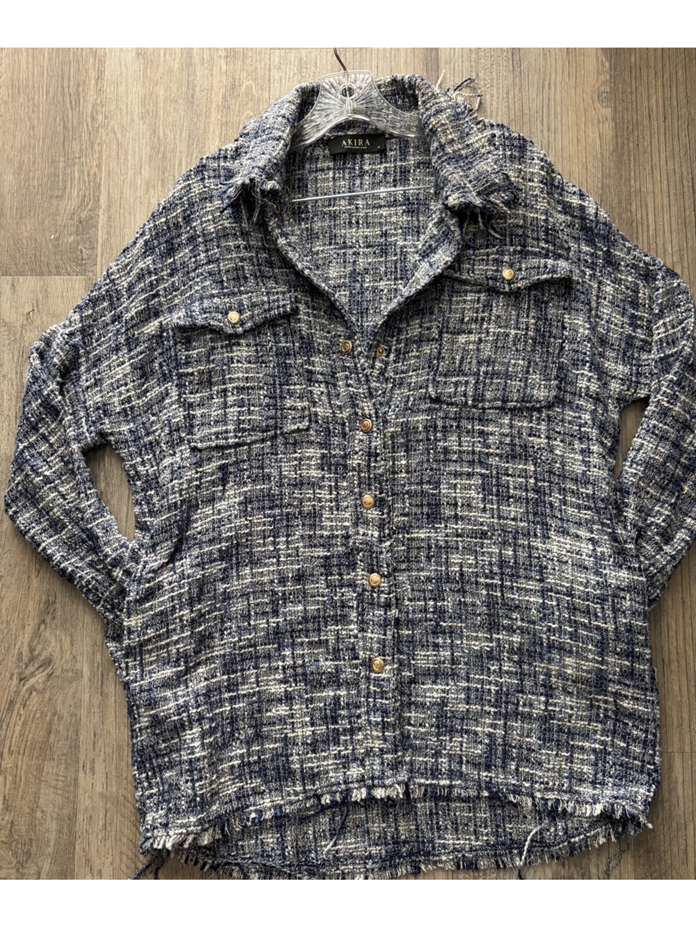 AKIRA Blue and White Tweed Button-Up Blazer Jacket